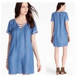 Lucky Brand Women's XS Blue Lyocell Chambray Shirt Shift Dress Lace-Up V-Neck
